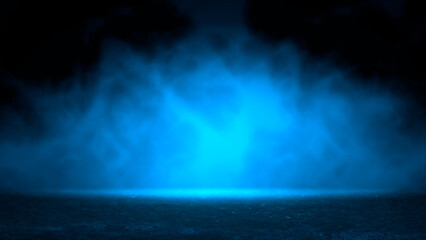 Mysterious smoke background in blue neon light over old asphalt. Street with a dark horror atmosphere. Night scene with fog without people. Horror smoke road. Background with smog.