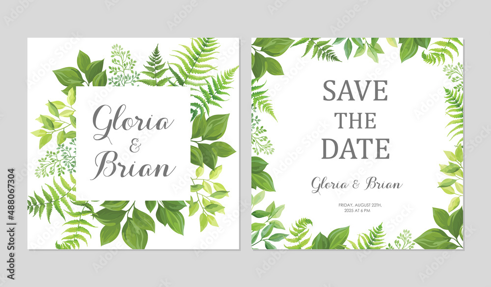 Wedding invitations with green leaves border. Invite card with place for text. Floral frame. Vector illustration.