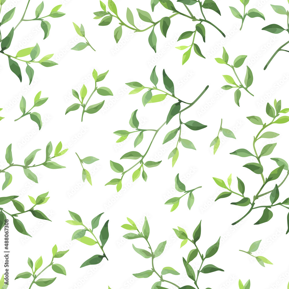 Seamless pattern with green leaves. Wild herbs on white background. Floral wallpaper. Vector illustration.	
