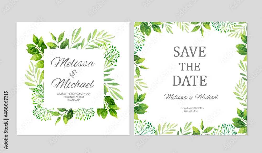 Wedding invitations with green leaves border. Invite card with place for text. Floral frame. Vector illustration.