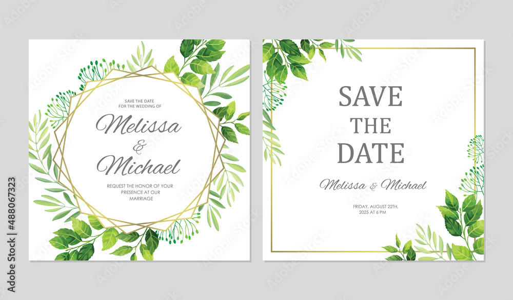 Wedding invitation with green leaves border and geometric frames. Invite card with place for text. Floral frame. Vector illustration.