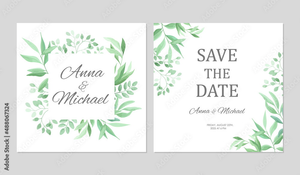 Green leaves border. Wedding invitations set. Floral design card with place for text. Vector illustration.