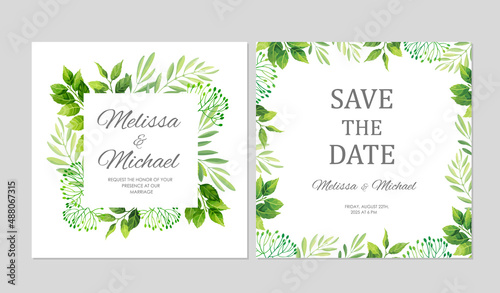Wedding invitations with green leaves border. Invite card with place for text. Floral frame. Vector illustration.