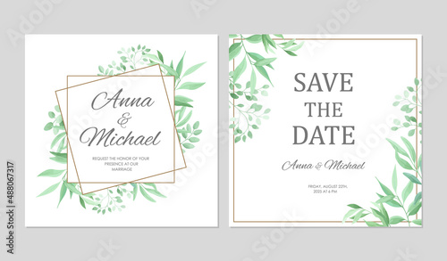 Green leaves geometric border. Wedding invitations set. Floral design card template. Vector illustration.