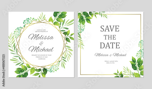 Wedding invitation with green leaves border and geometric frames. Invite card with place for text. Floral frame. Vector illustration.
