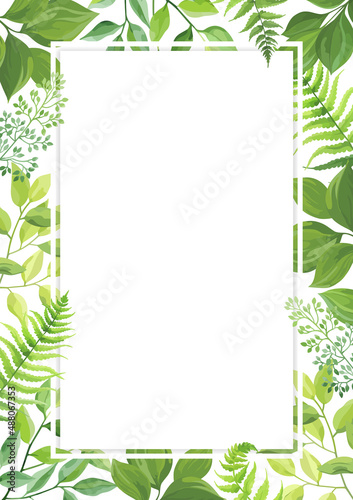 Frame with green leaves. Card with place for text. Border with forest herbs. Vector illustration.