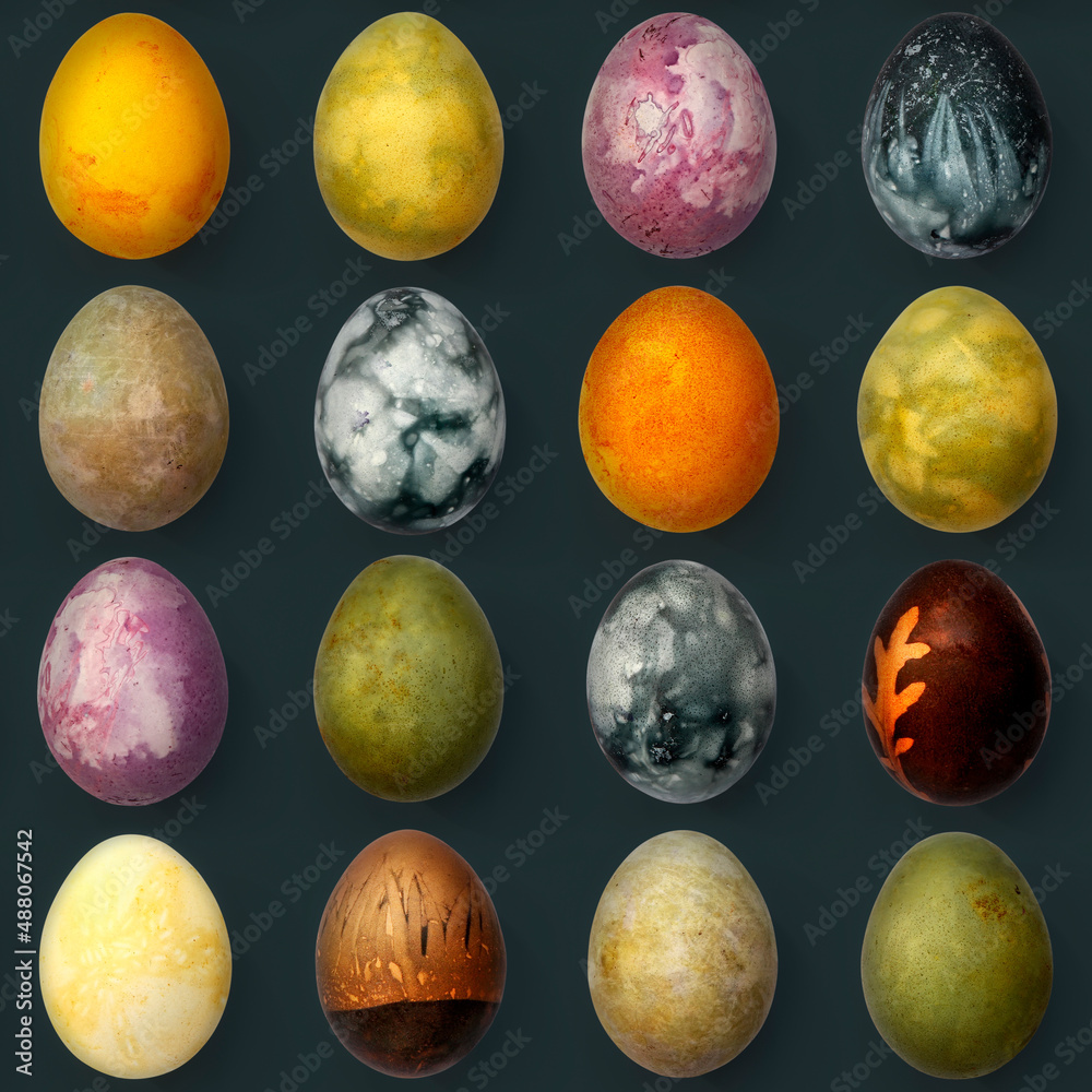 Seamless background of Easter eggs painted in different colors with natural pigments. Minsk. Belarus. 