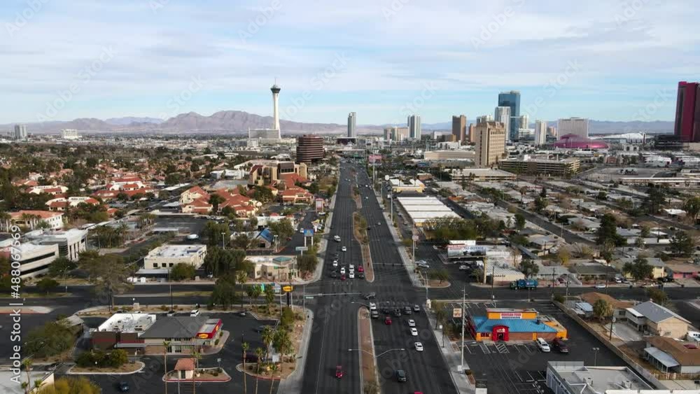 2022 - Excellent aerial view pulling back from the strip in Las Vegas, Nevada.