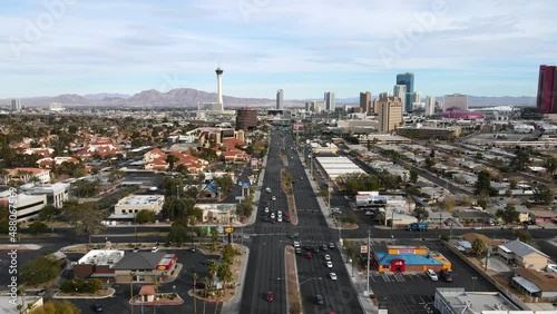 2022 - Excellent aerial view pulling back from the strip in Las Vegas, Nevada.