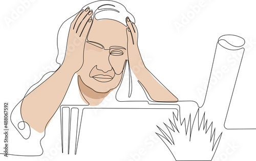Continuous one line drawing of sad businesswoman with box of stuff. Vector illustration for your minimal design.