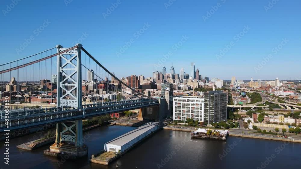 2022 - Excellent aerial view approaching Philadelphia, Pennsylvania from the Benjamin Franklin Bridge.