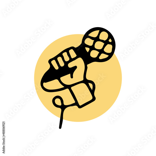 Rising hand holding a microphone, illustration for t-shirt, sticker, or apparel merchandise. With doodle, retro, and cartoon style.