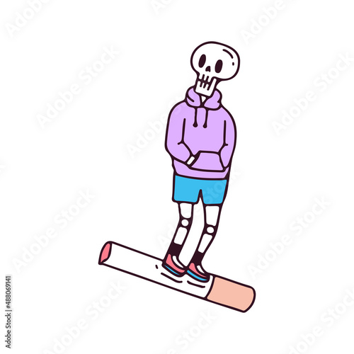 Skull wearing sweater riding a cigarette, illustration for t-shirt, sticker, or apparel merchandise. With doodle, retro, and cartoon style.
