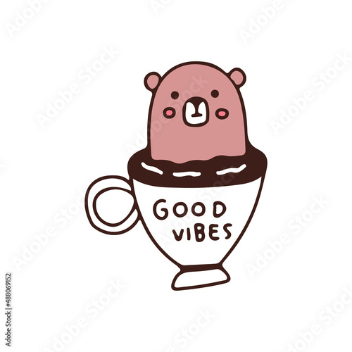 Cute bear on cup of coffee, illustration for t-shirt, sticker, or apparel merchandise. With doodle, retro, and cartoon style.