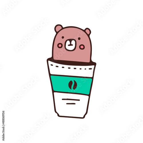 Cute bear and coffee, illustration for t-shirt, sticker, or apparel merchandise. With doodle, retro, and cartoon style.