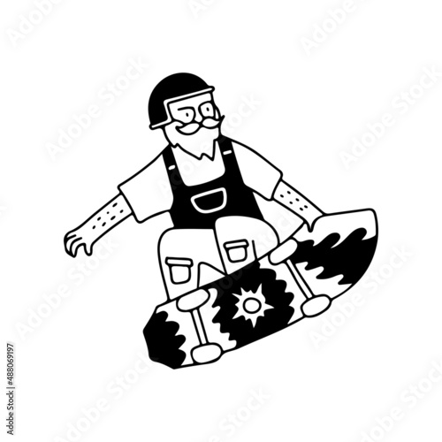 Bearded old man with helmet freestyle with skateboard, illustration for t-shirt, sticker, or apparel merchandise. With doodle, retro, and cartoon style.