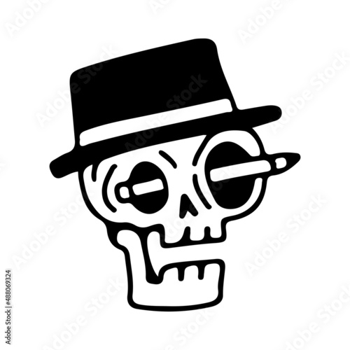 Skull head wearing vintage hat with pencil on the eyes, illustration for t-shirt, sticker, or apparel merchandise. With doodle, retro, and cartoon style.