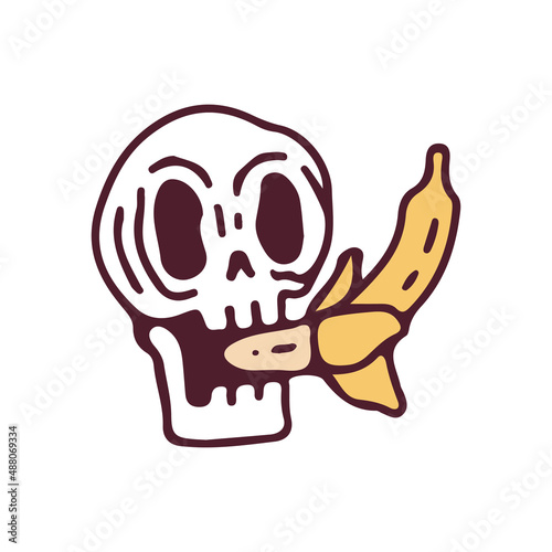 Skull eat banana, illustration for t-shirt, sticker, or apparel merchandise. With retro and cartoon style.