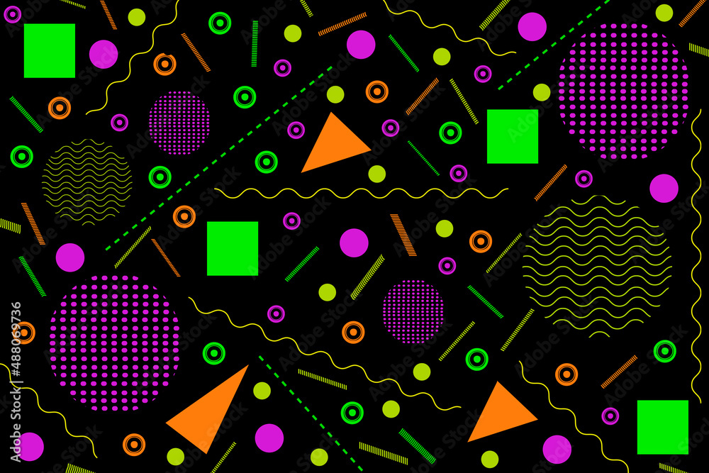 Abstract and geometric shapes in neon colors against a black background. 80's and 90's retro vintage style. Abstract and geometric shapes in neon colors against a black background. 80's and 90's retro vintage style.