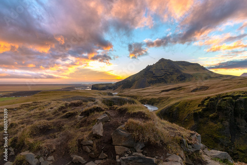 the Fimmvorduhals Trailhead
to the canyon at Skogafoss waterfall on Iceland photo