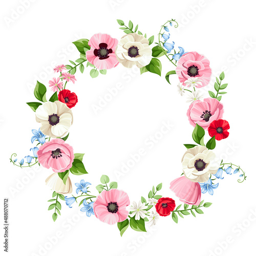 Vector floral wreath with red, pink, blue, and white poppy and bluebell flowers. Floral circle frame. Greeting or invitation card design.