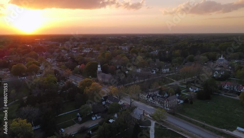 2022 - Excellent aerial view drawing away from Williamsburg, Virginia at sunset. photo