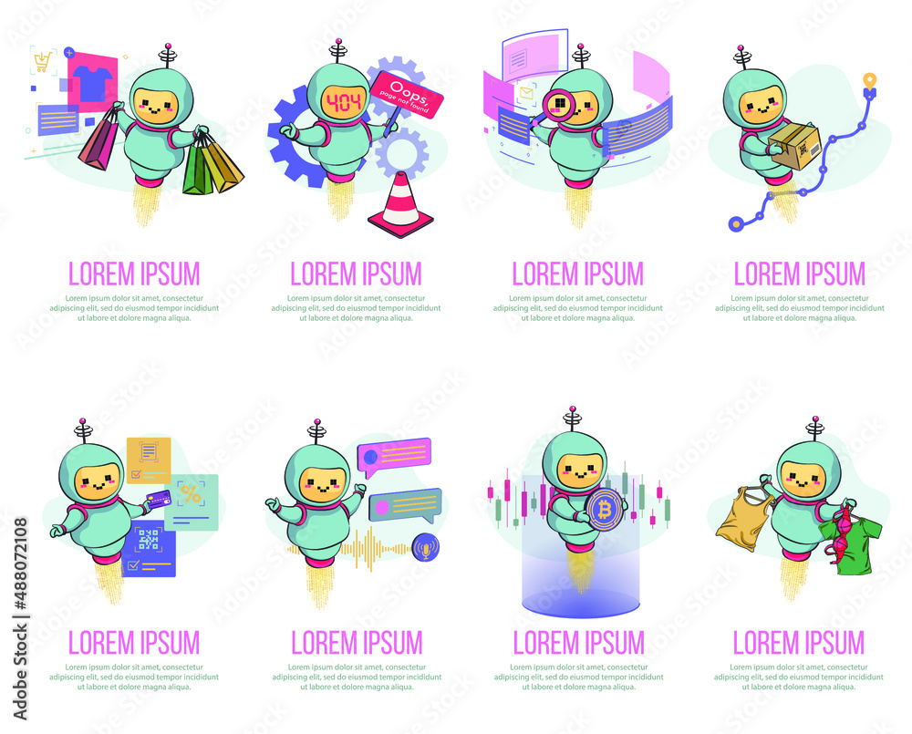 Fototapeta premium Cute bot character set. Welcome to the chatbot. Online consultation. Overview of cartoon illustrations
