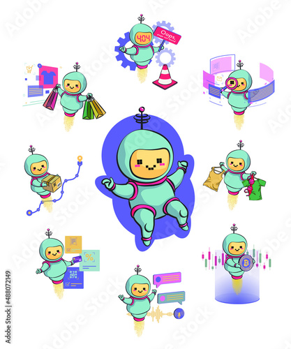 Metaphor chat bot icons set. Information engineering, artificial intelligence, chatbot applications. Customer service and NLP language processing. Vector illustrations of isolated visibility metaphor