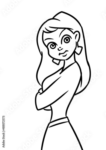 Girl beautiful pose attentively looks illustration cartoon