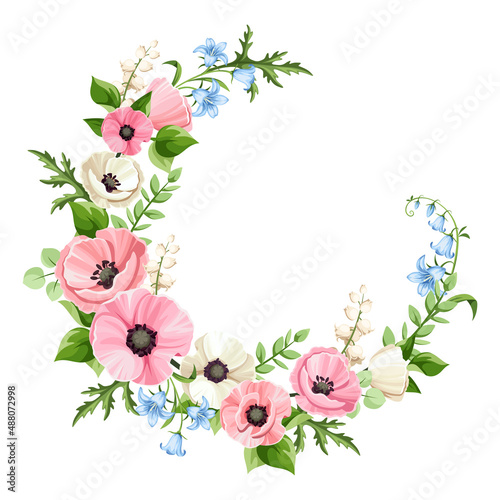 Floral wreath with pink, blue, and white poppy, bluebell, and lily of the valley flowers. Floral circle frame. Vector greeting or invitation card design.