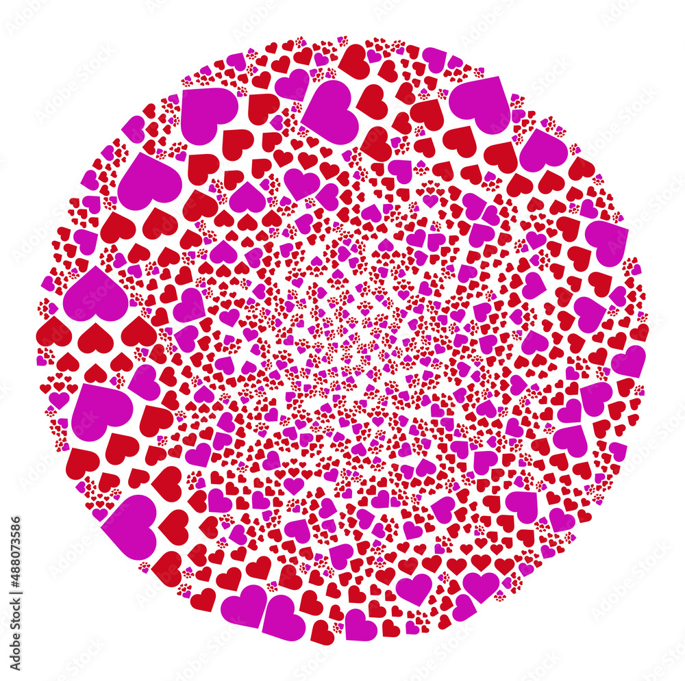 Fototapeta premium Lovely hearts symbols are united into globe group. Lovely hearts icon round collage. Abstraction round cluster mosaic is organized with lovely hearts symbols.