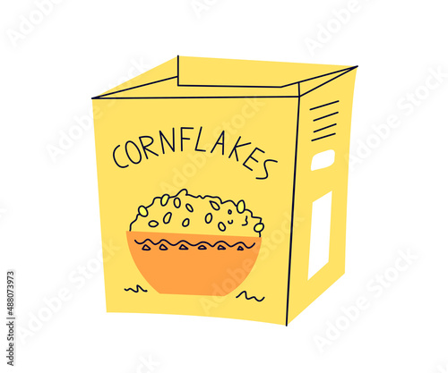 Cornflakes breakfast food. Packaging. Cartoon simple flat hand drawn style
