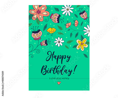  Birthday party. Greeting card with flowers. for Girl Trendy rectangular Holidays art template. 