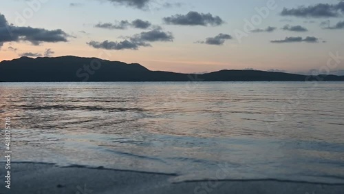 4K video shows set on tropical beach of carribbean sea. Exotic oceanfront fall sun. Beautiful sky during sunset.