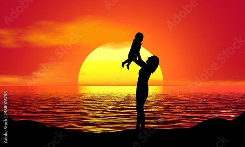 Mother baby Mom Silhouette Sunset Beach Sunrise landscape illustration