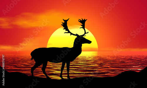 Reindeer Deer Antler Silhouette Sunset Beach Sunrise landscape illustration