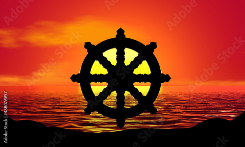 Dharmachakra  Dharma Wheel Silhouette Sunset Beach Sunrise landscape illustration