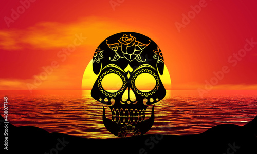 Sugar Skull, day of the Dead Silhouette Sunset Beach Sunrise landscape illustration
