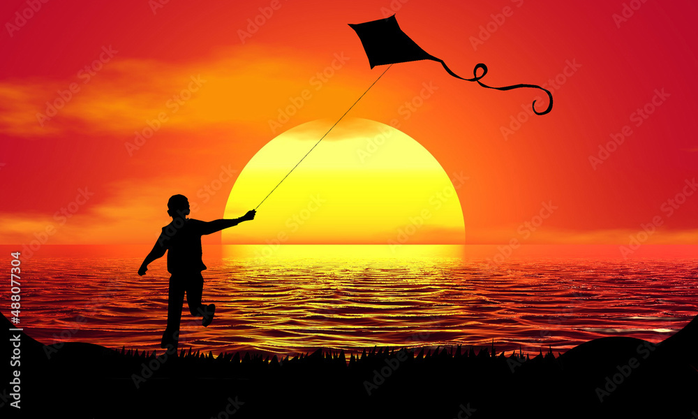 Kite flying boy Silhouette Sunset Beach Sunrise landscape illustration