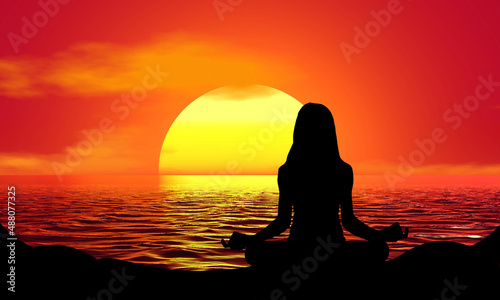 Yoga Meditation Zen female Silhouette Sunset Beach Sunrise landscape illustration