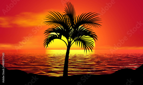 Palm Date Tree Silhouette Sunset Beach Sunrise landscape illustration