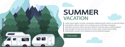 Summer vacation website banner. Camping travel landscape. Camping van on a camping site. Road trip concept. Flat vector illustration