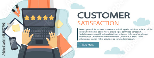 Concept of feedback, testimonials messages and notifications. Rating on customer service illustration. Five big stars with reviewer. Flat vector