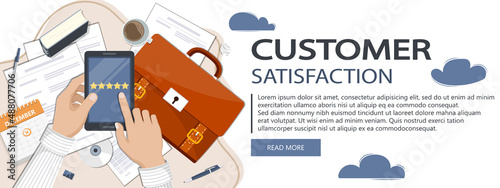 Concept of feedback, testimonials messages and notifications. Rating on customer service illustration. Five big stars with reviewer. Flat vector