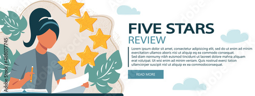 Concept of feedback, testimonials messages and notifications. Rating on customer service illustration. Five big stars with reviewer. Flat vector