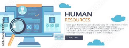 Human resources, Employment, Selection of the best candidate. Recruitment platform, agency. Resume, computer, video connection, interview. Flat vector website banner