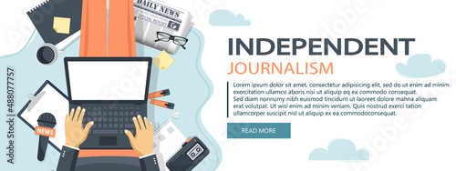 Journalism. Camera and photos. Mass media, television, interview, breaking news, press conference concept. Independent journalism. Flat vector banner.