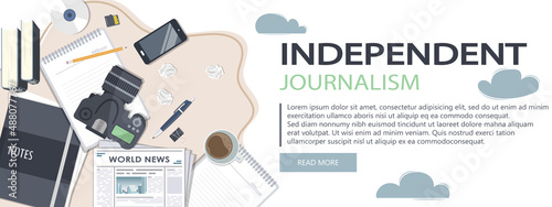 Journalism. Camera and photos. Mass media, television, interview, breaking news, press conference concept. Independent journalism. Flat vector banner.