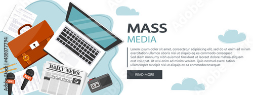 Journalism. Camera and photos. Mass media, television, interview, breaking news, press conference concept. Independent journalism. Flat vector banner.
