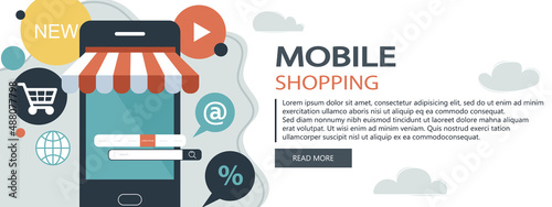 On line shopping and payment Methods. Mobile payments. Pay per click and online order. Flat vector illustration. Website banner	
